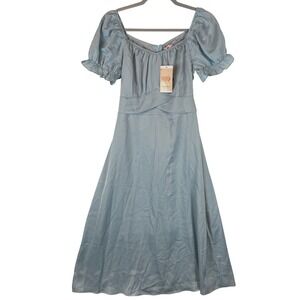 KIRUNDO Women Light Blue Puff Sleeve Satin Midi Dress Sweetheart Neck 7204 M